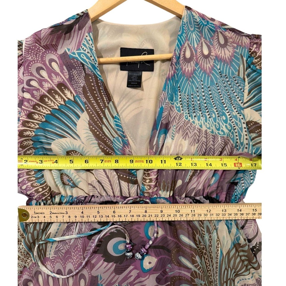 Tricia Fix Silk Peacock Print Dress Purple Teal Boho V-Neck Medium Made in USA - Picture 5 of 5